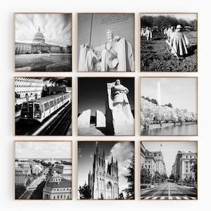 Washington DC minimalistische set van 9 vierkante prints – District of Columbia zwart-wit foto 9-delige muurkunst Instant Download Gallery Gift