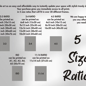 May include: Printable art size ratios chart with five different size ratios: 2:3, 3:4, 4:5, 11:14, and ISO. The chart shows the dimensions in inches and centimeters for each ratio. The text "5 Size Ratios" is written in a large, stylized font.