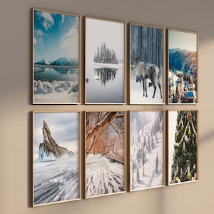 May include: A collection of eight framed winter landscape photographs, featuring snowy scenes, a reindeer, a frozen lake, and a Christmas tree.