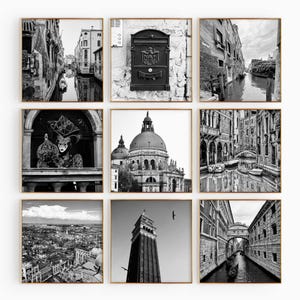 Conjunto de 9 impresiones cuadradas de Venecia, Italia. Pósteres de arte mural en blanco y negro de 9 piezas. Galería de fotos con descarga digital.