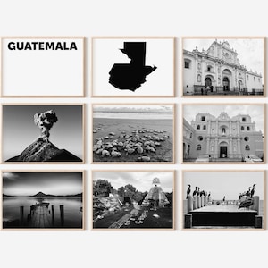 Fotografía en blanco y negro de paisaje de Guatemala, 9 piezas de arte de pared, juego de 9 impresiones de mapas de Guatemala, descarga digital, carteles de galería