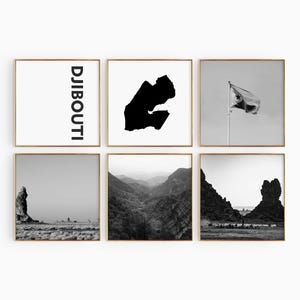 Conjunto de 6 fotografías en blanco y negro de Djibouti: impresión de mapas de Djibouti, 6 piezas de arte de pared: descarga digital instantánea, galería, decoración de pared para el hogar, regalo