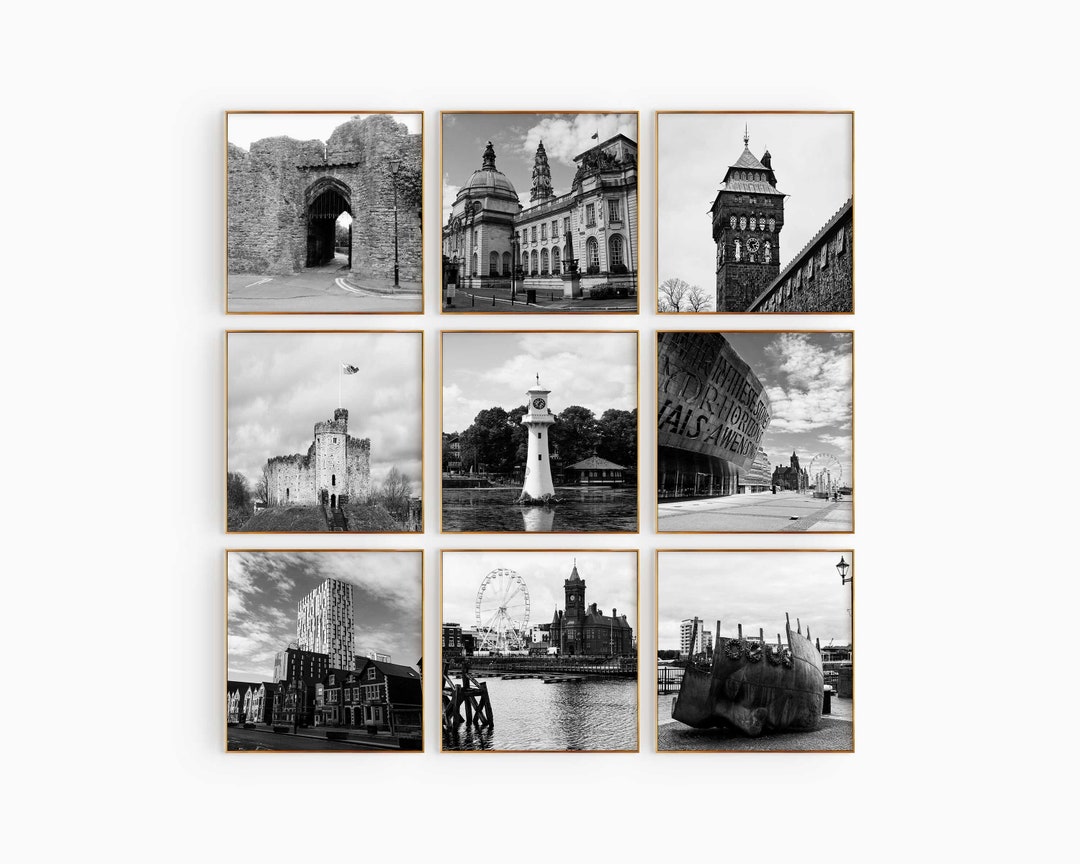 Cardiff Wales Minimalist Set of 9 Square Prints – Cardiff Wales Black ...