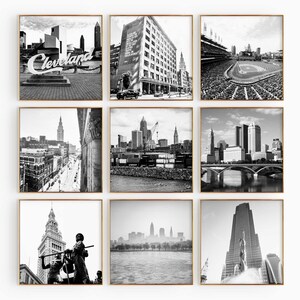 Conjunto minimalista de 9 impresiones cuadradas de Cleveland, Ohio. Fotografía en blanco y negro de Ohio, EE. UU., arte mural de 9 piezas. Pósteres de galería de descarga instantánea para viajes.