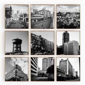 Johannesburgo, Sudáfrica - Conjunto de 9 impresiones cuadradas de la ciudad - Pósteres de arte mural en blanco y negro de 9 piezas de Johannesburgo. Galería de fotos con descarga digital.