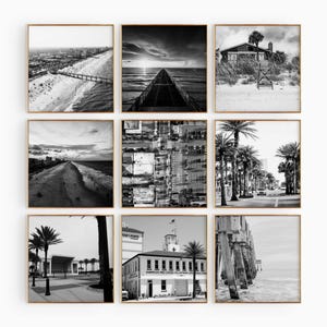 Conjunto de 9 impresiones de Jacksonville Beach, Florida, EE. UU., en blanco y negro, 9 piezas de arte mural. Galería de fotos con descarga digital.