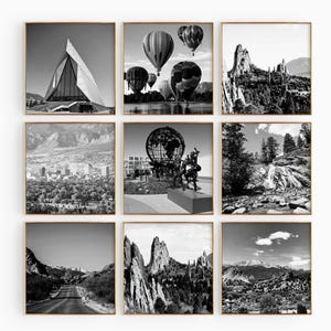 Conjunto minimalista de 9 impresiones cuadradas de Colorado Springs, Colorado, EE. UU. - Fotografía en blanco y negro de 9 piezas de arte mural, pósteres de viaje de descarga instantánea