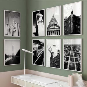 Washington DC Set van 8 stadsprints – Washington District of Columbia zwart-wit 8-delige muurkunstposters digitale download fotogalerij