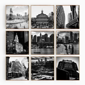 Boston Massachusetts Set of 9 Square Prints – Boston Massachusetts Black and White Photo 9 Piece Wall Art Digital Download Gallery Posters
