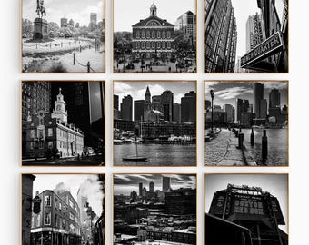 Boston Massachusetts Set of 9 Square Prints – Boston Massachusetts Black and White Photo 9 Piece Wall Art Digital Download Gallery Posters |