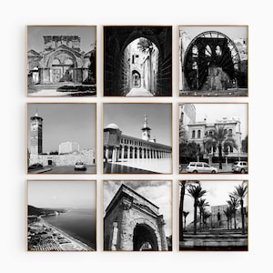 Fotografía cuadrada en blanco y negro de Siria, 9 piezas de arte mural. Juego de 9 impresiones del mapa de Siria. Descarga digital. Galería de pósteres. Decoración de pared.