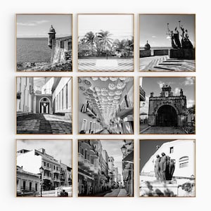 Conjunto minimalista de 9 impresiones cuadradas de San Juan, Puerto Rico. Arte mural de 9 piezas con fotos en blanco y negro. Pósters de galería de descarga instantánea para viajes.