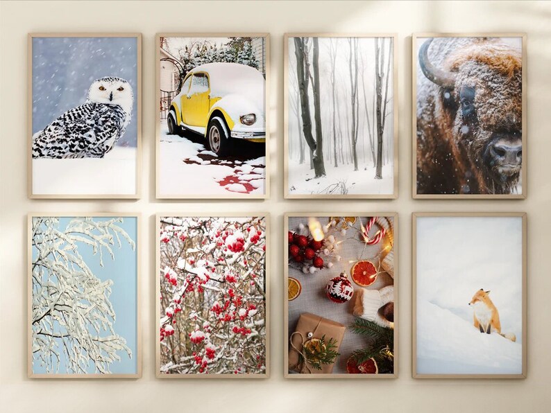 May include: A collage of ten framed images depicting winter scenes. The images include a snowy owl, a yellow car covered in snow, a snowy forest, a bison, a snowy tree branch, a bush with red berries covered in snow, a Christmas ornament, a fox in the snow, and a snowy landscape.