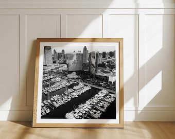 San Diego Boats Minimalist Square Print – San Diego California USA Black and White Photo Wall Art – Travel Instant Download Gallery Poster