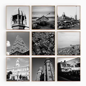 Conjunto minimalista de 9 impresiones cuadradas de Chennai, India. Fotografía en blanco y negro de Tamil Nadu. Arte mural de 9 piezas. Pósteres de galería de descarga instantánea.