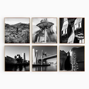 Conjunto de 6 impresiones de la ciudad de Bilbao, España, Impresiones artísticas de pared de 6 piezas en blanco y negro de Bilbao, España, Descarga digital moderna, Regalo de galería de fotos