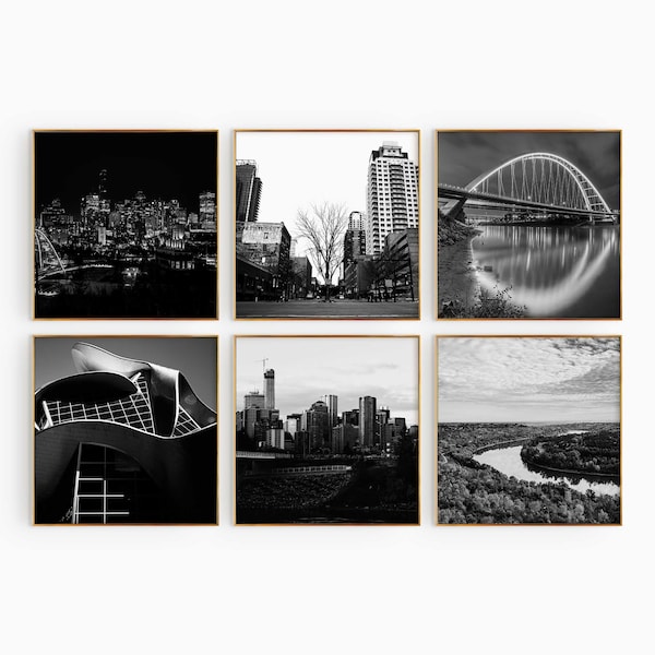 Edmonton Canada Minimalist Set of 6 Square Prints – Alberta Black and White Photo 6 Piece Wall Art – Travel Instant Download Gallery Posters