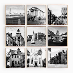 Conjunto minimalista de 9 impresiones cuadradas de Charleston, Carolina del Sur (SC, EE. UU.), fotografía en blanco y negro, 9 piezas de arte mural, pósteres de viaje de descarga instantánea.
