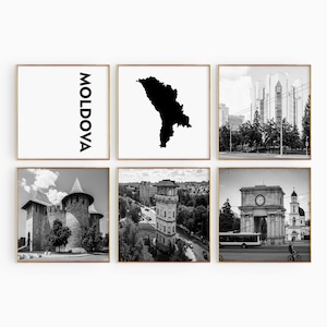 Moldavia Cuadrado Blanco y Negro Conjunto de 6 Fotos – Impresión de mapas Moldavia 6 Piezas Arte de pared – Chișinău Estética Galería de Descarga Digital Decoración del Hogar