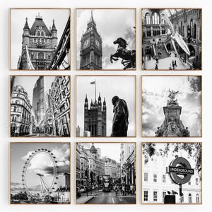 London England Square Schwarzweißfotografie 9-teilige Wandkunst - Großbritannien Set von 9 Drucken - Reisen Digitaler Download Galerieposter