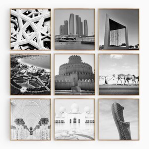 Conjunto minimalista de 9 impresiones cuadradas de Abu Dabi, Emiratos Árabes Unidos. Fotografía en blanco y negro de 9 piezas. Arte mural. Descarga digital instantánea. Regalo.