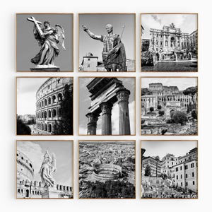 Arte de pared imprimible de 9 piezas con fotos cuadradas en blanco y negro de Roma, Italia. Conjunto de 9 impresiones estéticas de Roma, Italia. Galería de descargas digitales de moda.
