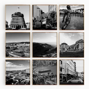 Conjunto minimalista de 9 impresiones cuadradas de Wellington, Nueva Zelanda. Arte mural de 9 piezas con fotos en blanco y negro. Pósteres de galería de viajes con descarga instantánea.