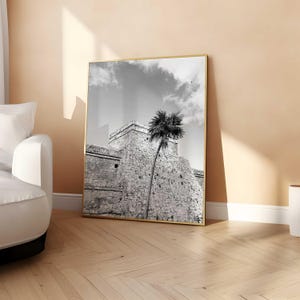 Puede incluir: Una impresión de arte mural enmarcada en blanco y negro que representa una estructura de ruinas mayas de piedra con una palmera alta solitaria frente a ella bajo un cielo nublado. La obra está en un marco de metal dorado fino y apoyada en el suelo.