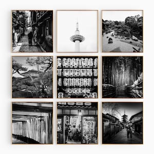 Arte de pared imprimible con foto cuadrada en blanco y negro de Kioto, Japón (9 piezas) - Conjunto de 9 impresiones de Kioto, Japón - Galería de regalos con descarga digital de moda