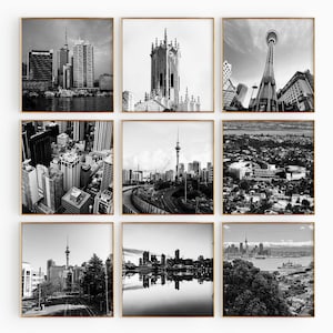 Conjunto minimalista de 9 impresiones cuadradas de Auckland, Nueva Zelanda: arte mural fotográfico en blanco y negro de 9 piezas. Pósteres de galería de viajes con descarga instantánea.
