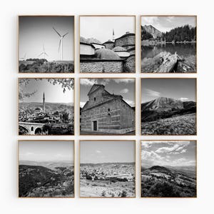 Arte de pared imprimible con foto cuadrada estética en blanco y negro de Kosovo (9 piezas) - Conjunto de 9 impresiones de Kosovo - Galería de regalos con descarga digital de moda