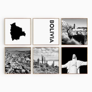 Fotografía en blanco y negro de Bolivia Square, arte de pared de 6 piezas – Conjunto de impresión de mapas de Bolivia de 6 impresiones – Galería de descarga digital carteles decoración de pared