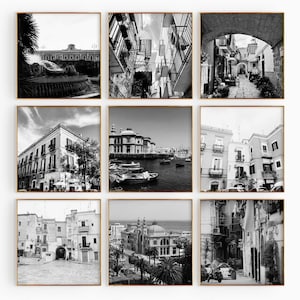 Conjunto de 9 láminas cuadradas de la ciudad de Bari, Italia. Láminas de arte mural en blanco y negro de 9 piezas de Bari, Italia. Descarga digital. Galería de fotos de decoración de apartamentos.