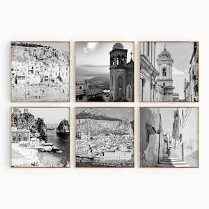 Sizilien, Italien, minimalistisches Set mit 6 quadratischen Drucken – Sizilien, Italien, Schwarz-Weiß-Foto, 6-teiliges Wandkunst-Reise-Sofort-Download-Galerie-Poster