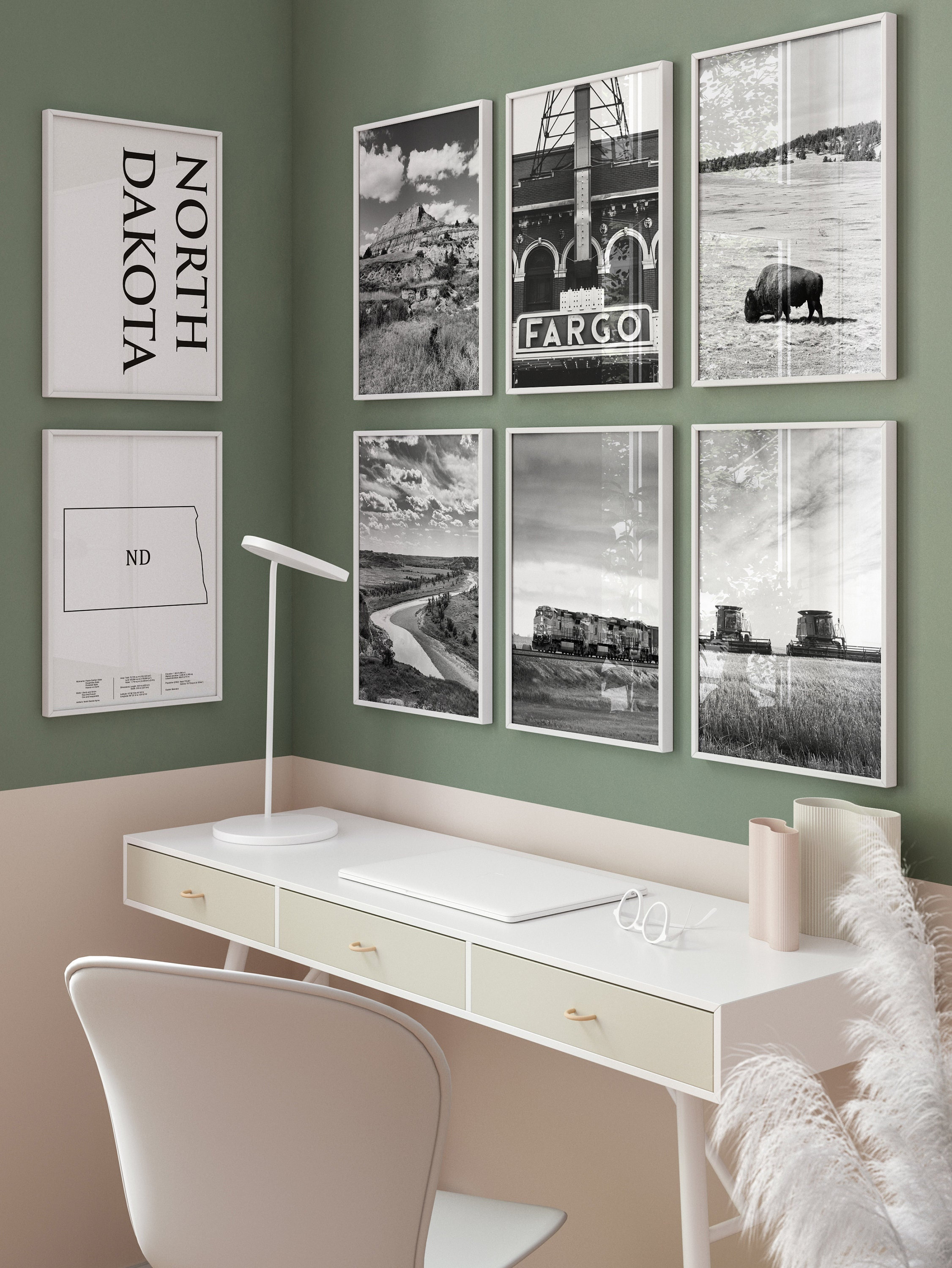 North Dakota State ND Black and White Photo 8 Piece Wall Art - North Dakota Set of 8 Travel Photo - Map Digital Download Gallery Prints ND