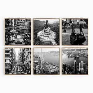 Conjunto minimalista de 6 impresiones cuadradas de Hong Kong: pósteres de galería de descarga instantánea de arte de pared en blanco y negro de 6 piezas de fotografía de la RAE de Hong Kong (China)