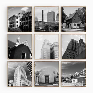 Conjunto minimalista de 9 impresiones cuadradas de Winston-Salem, Carolina del Norte. Arte mural de 9 piezas con fotos en blanco y negro de Carolina del Norte. Pósteres de viaje con descarga instantánea.
