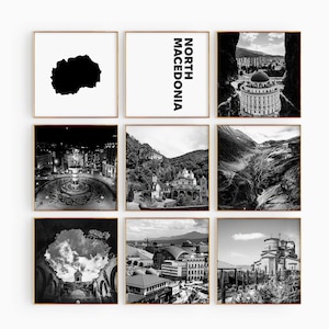 Conjunto de 9 fotografías en blanco y negro de Macedonia del Norte: impresión de mapas de Macedonia del Norte. Arte mural de 9 piezas. Descarga digital. Galería. Decoración para el hogar. Regalo.
