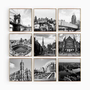 Conjunto minimalista de 9 impresiones cuadradas de Cincinnati, Ohio - OH, EE. UU. - Fotografía en blanco y negro de 9 piezas - Pósteres de galería de viajes con descarga instantánea