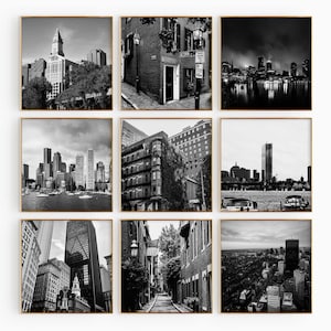 Arte de pared imprimible en blanco y negro de 9 piezas de Boston, Massachusetts Square - Boston, EE. UU. - Conjunto de 9 impresiones - Galería de descargas digitales de moda