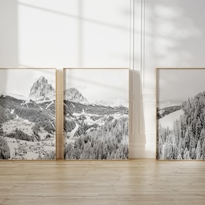 Italy Val Gardena Mountain Black and White Winter Set of 3 Prints - Northern Italy Set of 3 Prints - Snowy Mountain Wall Art Forest Decor