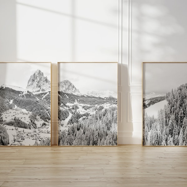 Italy Val Gardena Mountain Black and White Winter Set of 3 Prints - Northern Italy Set of 3 Prints - Snowy Mountain Wall Art Forest Decor