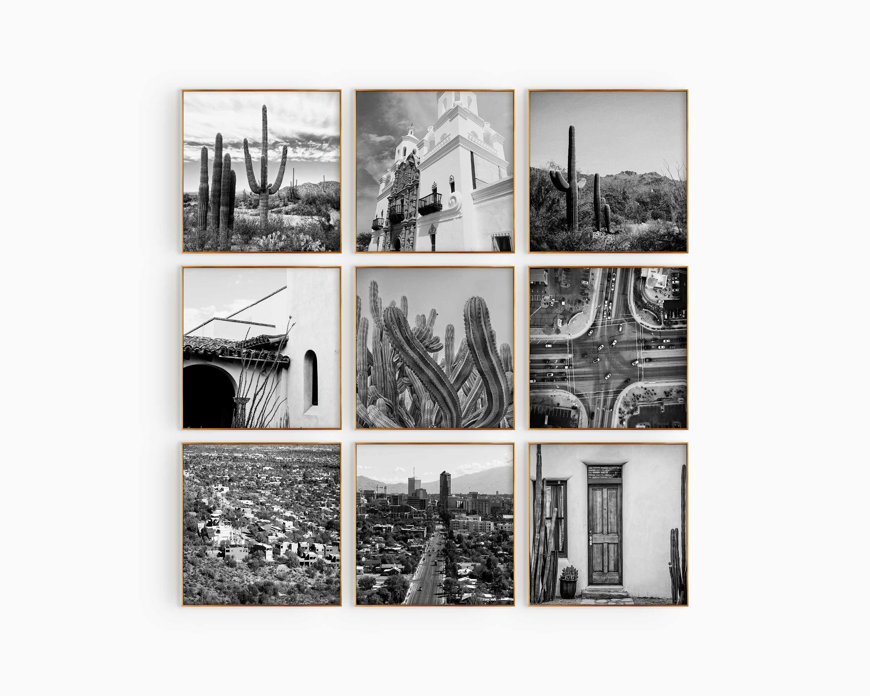 Tucson Arizona Set of 9 Square City Prints – Tucson Arizona Black and White 9 Piece Wall Art Prints – Digital Download Photo Gallery Gift