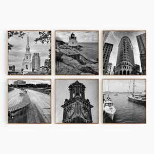 Conjunto minimalista de 6 impresiones cuadradas de Rhode Island, EE. UU. – Arte mural de 6 piezas con fotografías en blanco y negro de Rhode Island – Pósteres de viaje con descarga instantánea
