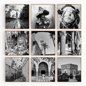 Conjunto minimalista de 9 impresiones cuadradas de Marrakech, Marruecos. Foto en blanco y negro. Arte mural de 9 piezas. Pósters de galería de viaje con descarga instantánea. Regalo.
