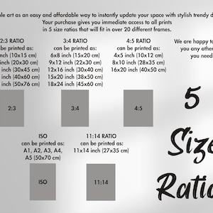 May include: Printable art size ratios chart with five different size ratios: 2:3, 3:4, 4:5, ISO, and 11:14. Each ratio includes a gray rectangle representing the aspect ratio and a list of printable sizes in inches and centimeters. The text "5 Size Ratios" is written in black cursive.