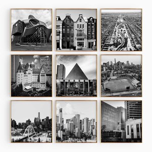 Conjunto de 9 impresiones cuadradas de la ciudad de Edmonton, Canadá. Impresiones artísticas de pared en blanco y negro de 9 piezas de Edmonton, Canadá. Galería de descargas digitales de Alberta.
