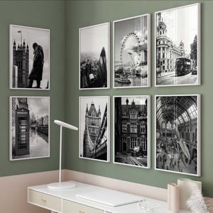 London England Minimalist Set of 8 Prints – London England Black and White Photo 8 Piece Wall Art – Travel Instant Download Gallery Posters