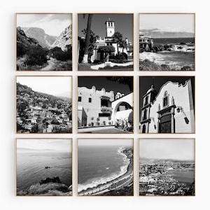 Fotografía en blanco y negro de la Plaza de Ensenada, México. Arte mural de 9 piezas. Conjunto de 9 impresiones de Baja California. Descarga digital de viajes. Pósteres de galería.