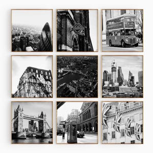 Fotografía estética en blanco y negro de Londres, Inglaterra, cuadrado, 9 piezas de arte de pared: conjunto de 9 fotos, viajes, descarga digital, galería, pósteres, regalo.